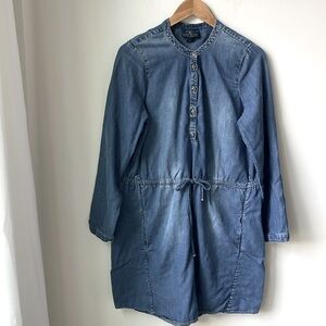 Lucky Brand Chambray Drawstring Shirt Dress Cotton Linen Blend Pockets Size L